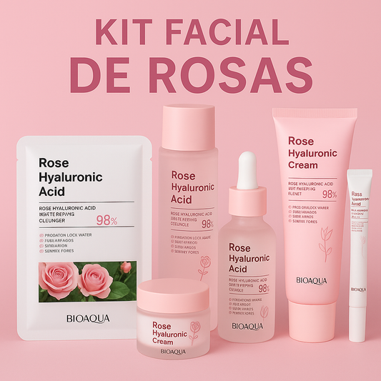 Kit facial Bioaqua con rosas y ácido hialurónico – Hidratación profunda para la piel
